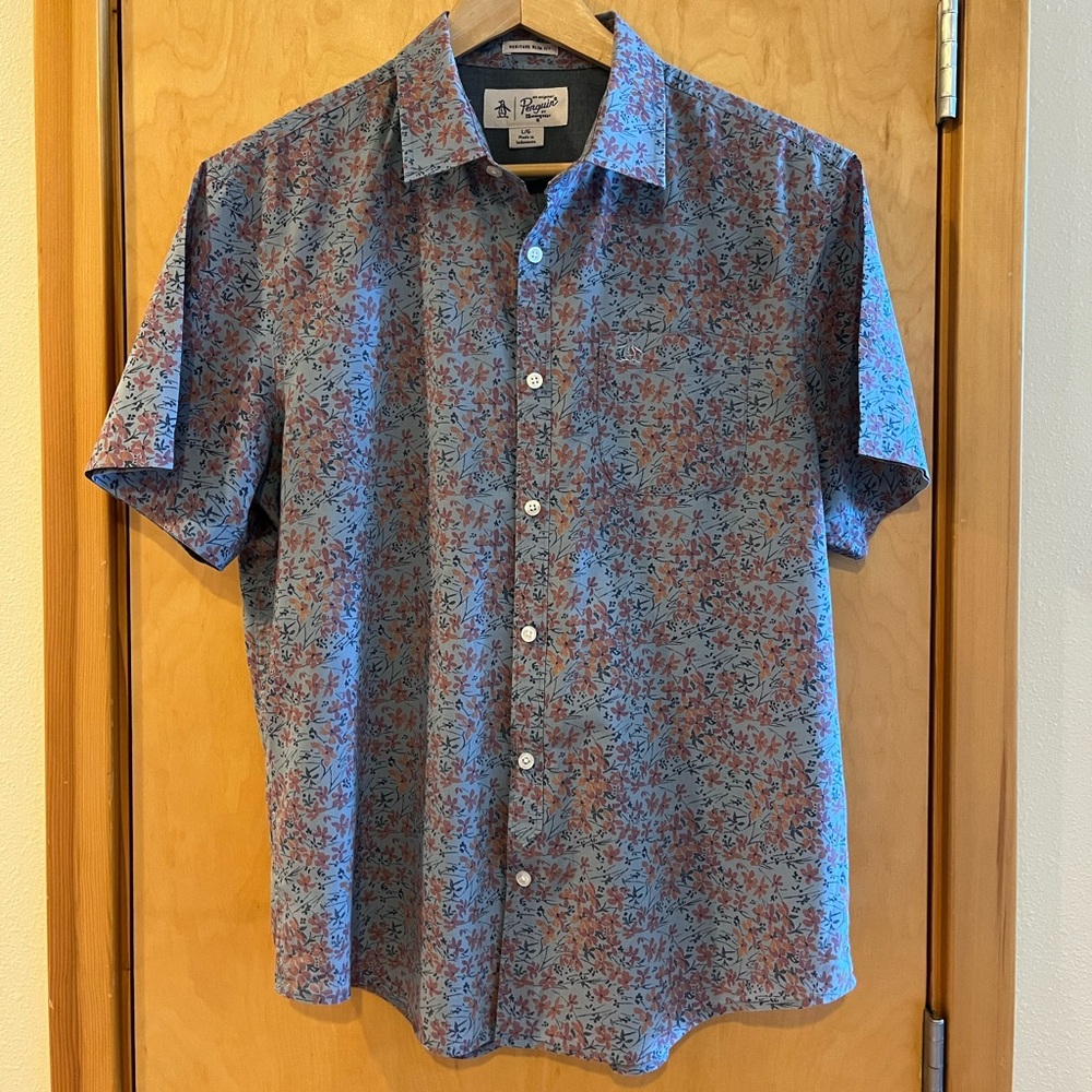 🌸 Original Penguin Floral Print Short Sleeve Button-Up – Size L (Slim Fit)